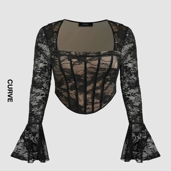 Cider U-Neckline Black Lace Corset Top Curve & Plus 1XL Coquette Grunge Goth - Picture 3 of 11